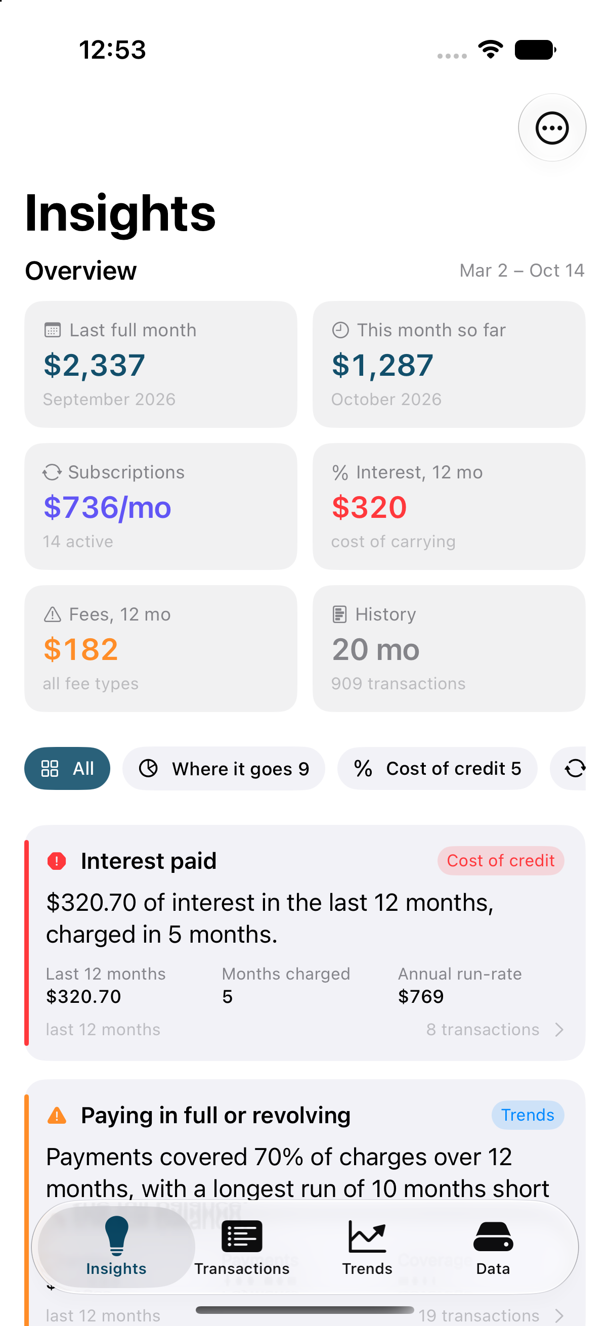 FinCleaner's Insights screen, showing spend for the last full month, monthly subscription cost, interest paid over twelve months, and a list of findings.