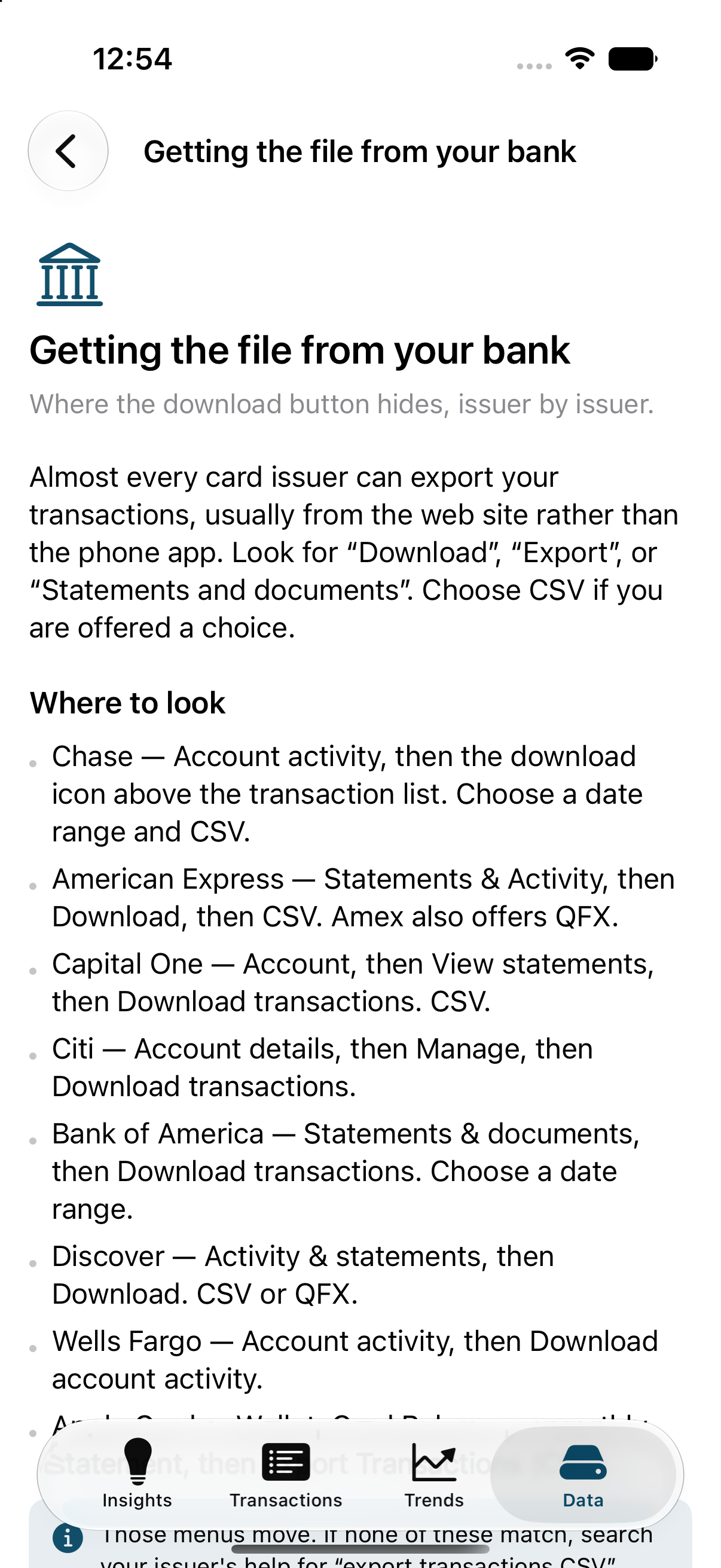A help article explaining where to download transactions from each bank.